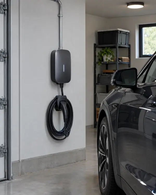 Wall-mounted EV charger in a garage