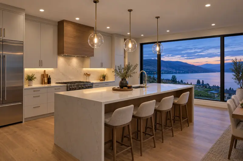 Kitchen with pot lights and pendant lights