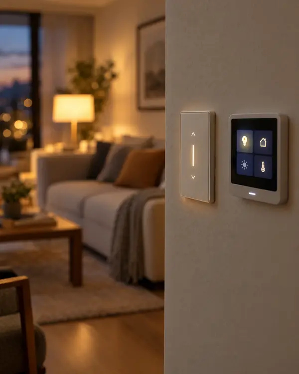 Smart dimmer and control panel on a living room wall
